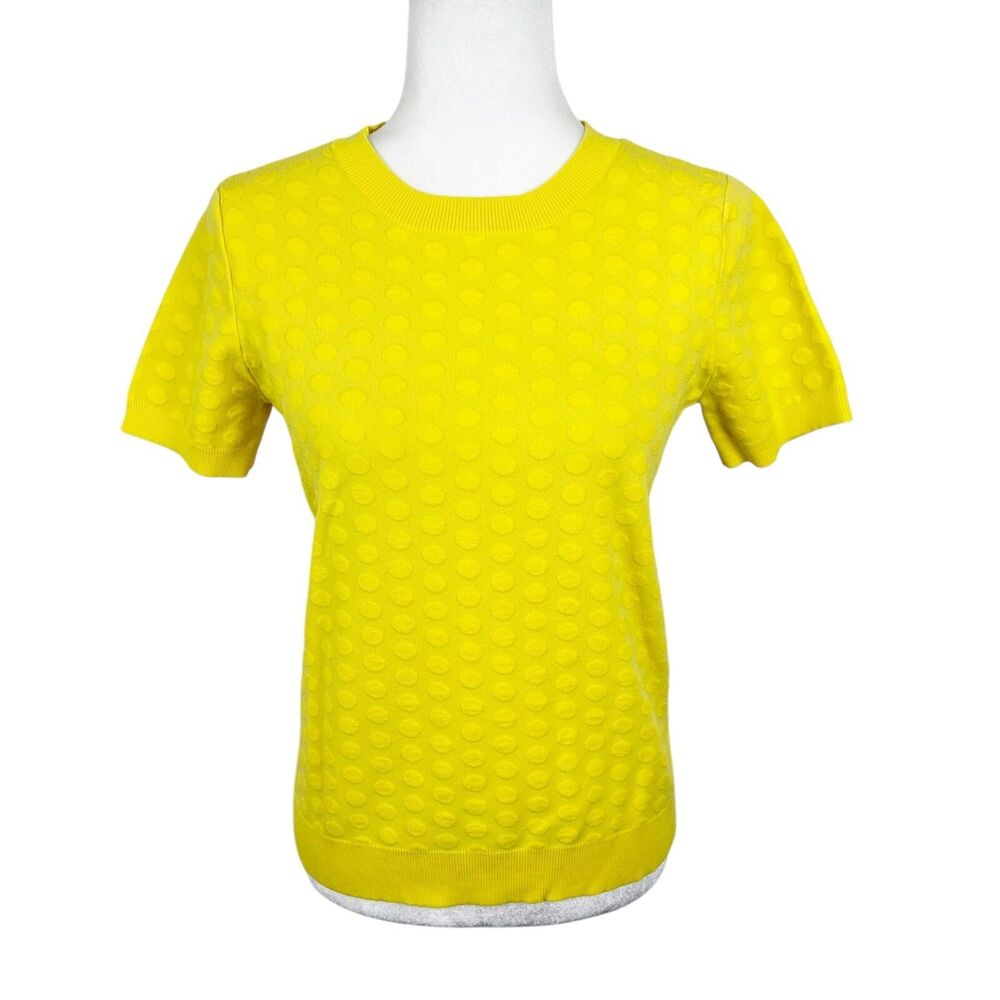 Halogen Blouse Women Medium Yellow Knit Round Neck Stretch Dotted Short Sleeve
